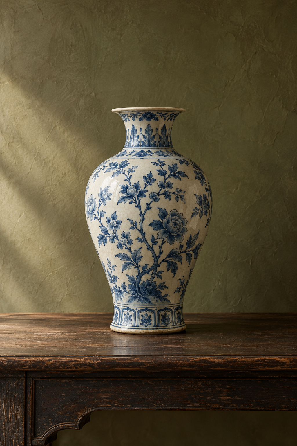 Illustrative blue-and-white porcelain vase photographed on dark wood against an olive wall