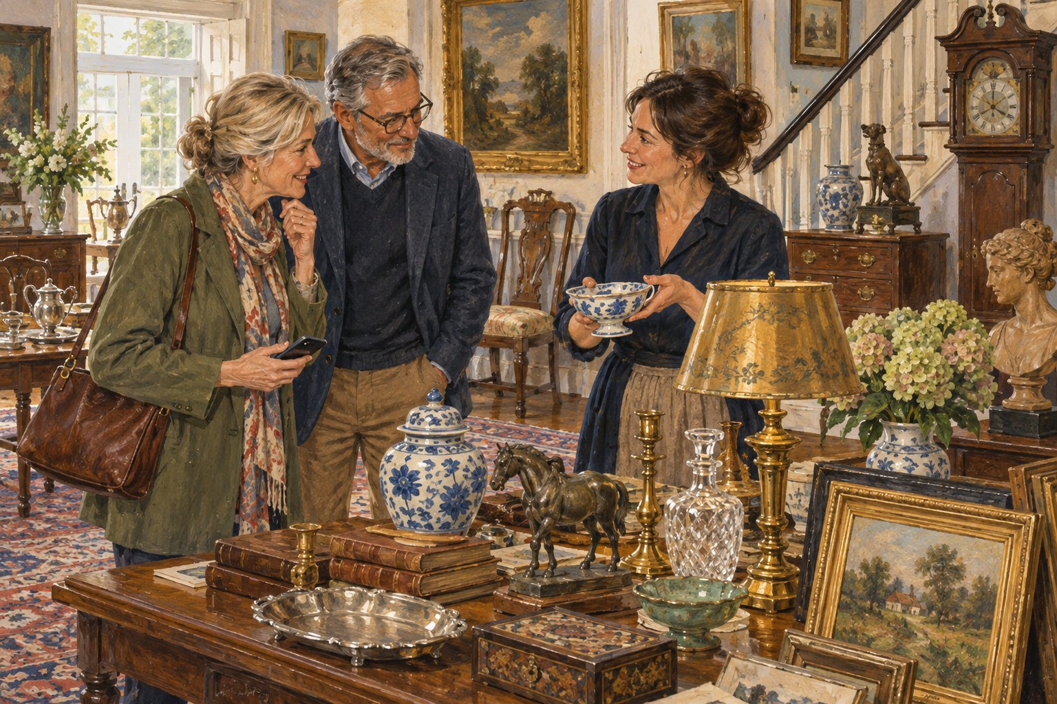An estate-sale professional helping shoppers discover a ceramic piece.