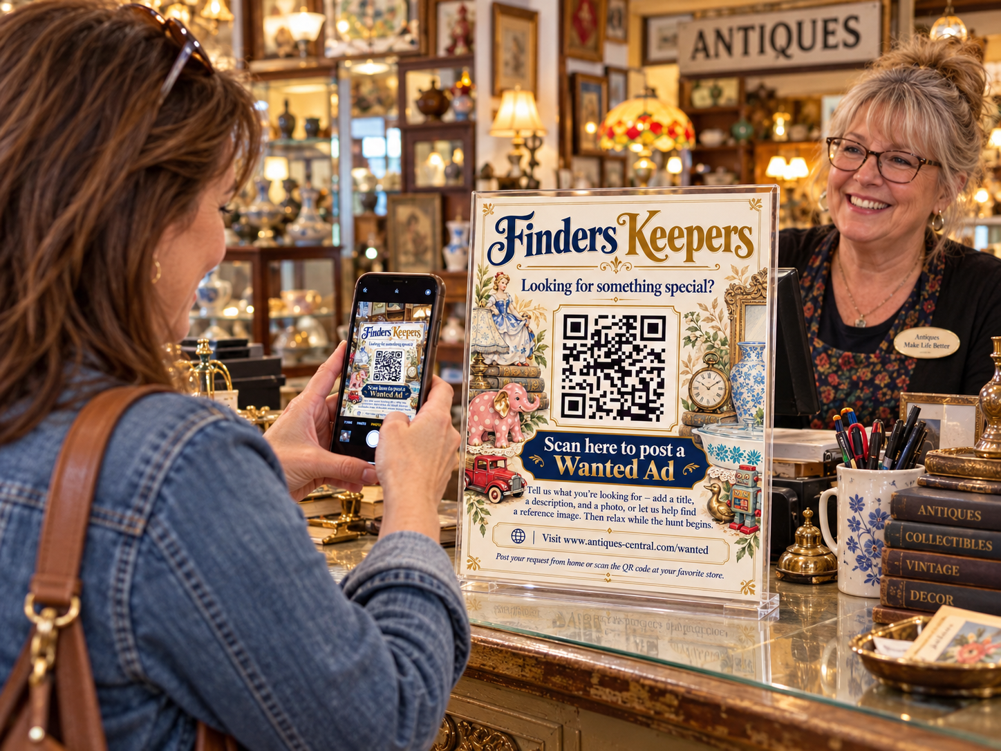 A shopper scans a Finders Keepers sign in a clear acrylic holder at an antique shop checkout.